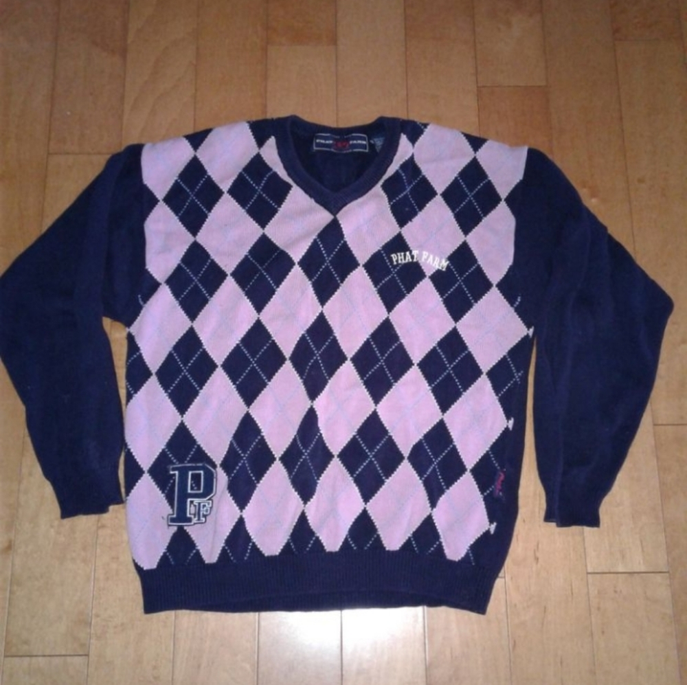Vintage 90’s Phat Farm Blue Knit Diamond argyle Pattern V Neck Sweater M L XL